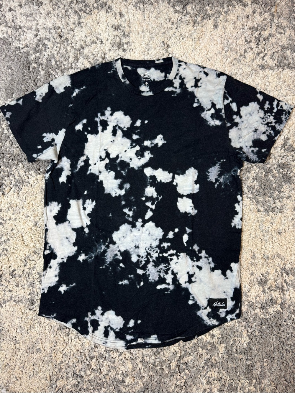 Hollister, Mens Black & White Tie Dye Marbled Curved Hem Short Sleeve Tee, XL